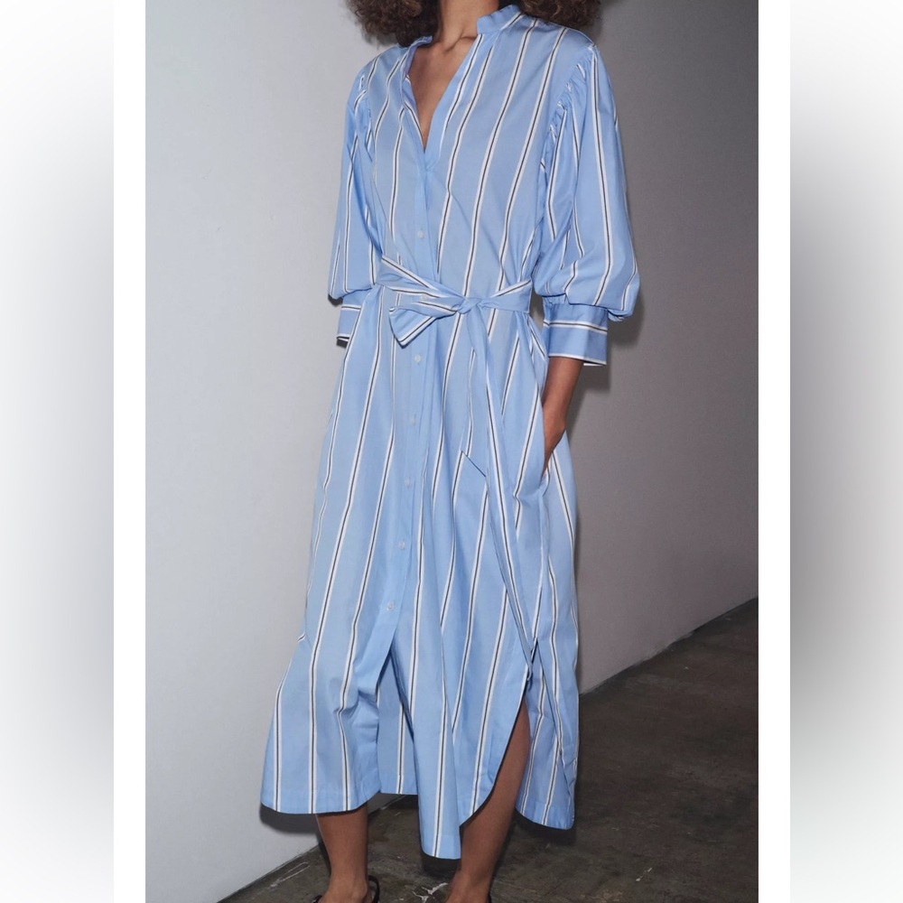 Zara Light Blue and White Striped Midi Shirt Dress
